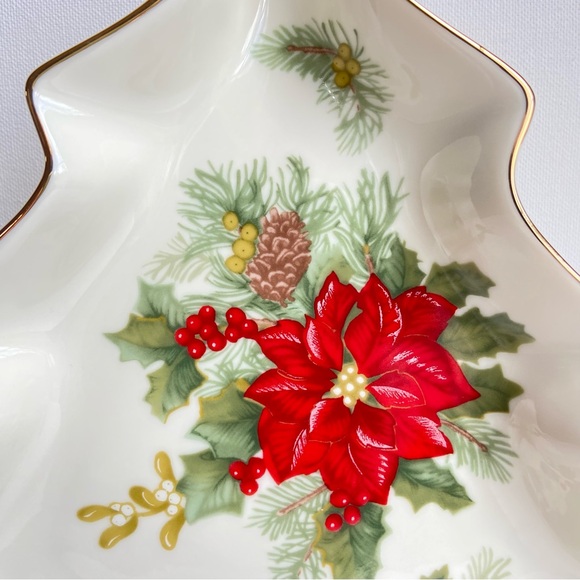 Mikasa Holiday Bloom porcelain Christmas Tree candy dish poinsettia holly pine - Picture 4 of 9